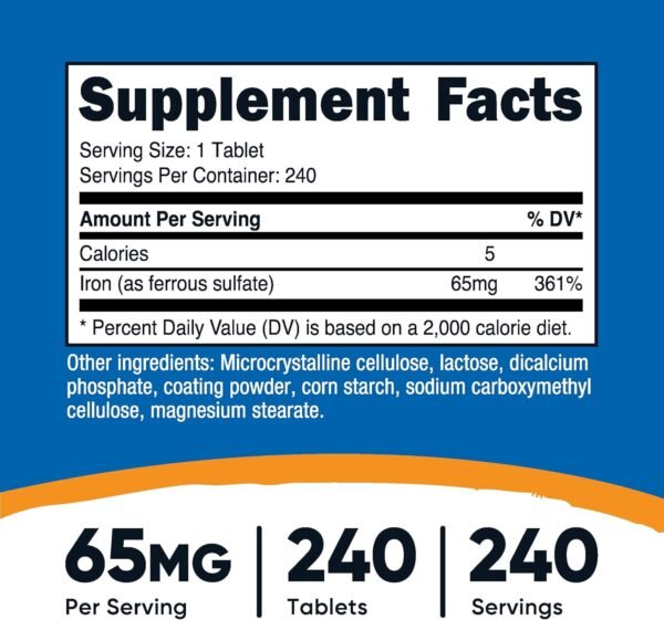 Nutricost Iron (As Ferrous Sulfate) 65mg, 240 Tablets - Non-GMO, Gluten Free