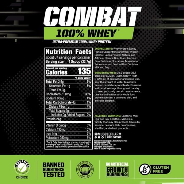 MusclePharm Combat 100% Whey Protein Powder, Chocolate Milk, Fast Recovery & Muscle Gain with Whey Protein Isolate, High Protein Powder for Women & Men, Gluten Free, 5 Lb, 70 Servings