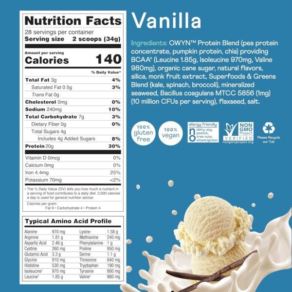 OWYN Only What You Need Dairy Free Protein Powder with 20g Protein, Probiotics, Superfoods Greens, Pea, Chia and Pumpkin Seed Blend (Smooth Vanilla, 2.1 Pound - Pack of 1)