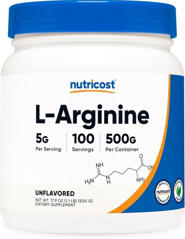 Nutricost L-Arginine Powder 500 Grams (1.1lbs) - Pure L-Arginine Powder - 5000mg Per Serving; 100 Servings