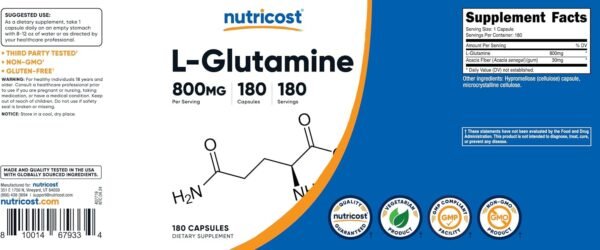 Nutricost L-Glutamine 800mg, 180 Capsules - Gluten Free, Non-GMO