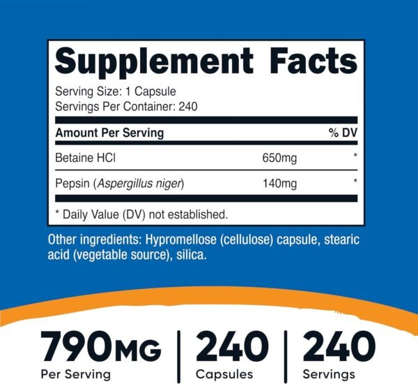 Nutricost Betaine HCl + Pepsin 790mg, 240 Capsules - Gluten Free & Non-GMO