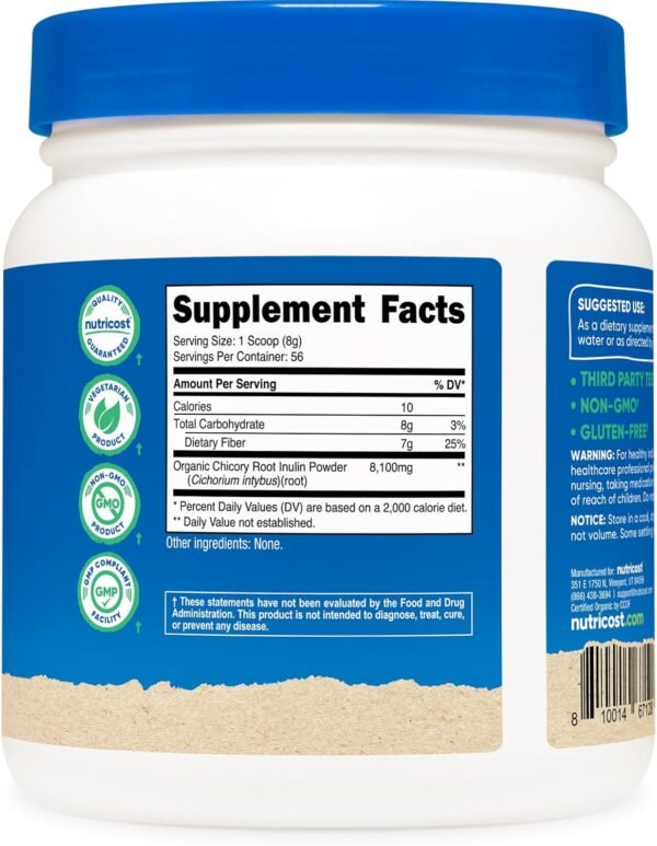 Nutricost Organic Inulin Powder 1LB (454 Grams) 7 Grams of Fiber Per Serving - from Chicory Root - Certified USDA Organic