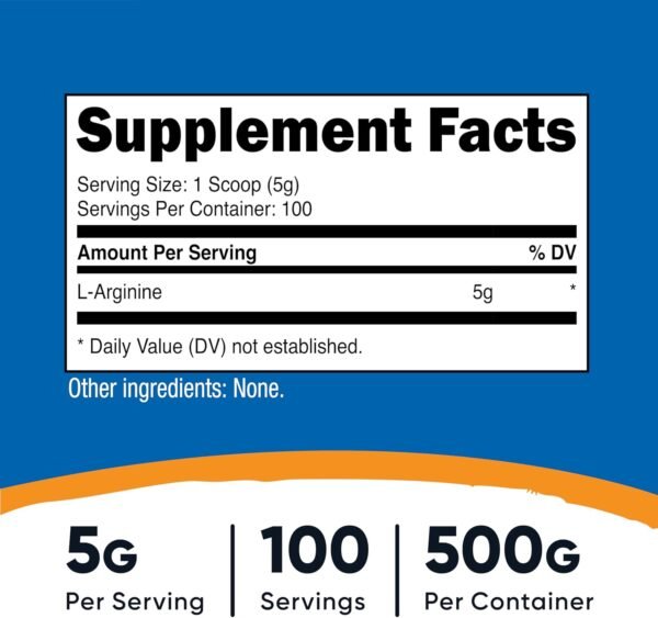 Nutricost L-Arginine Powder 500 Grams (1.1lbs) - Pure L-Arginine Powder - 5000mg Per Serving; 100 Servings