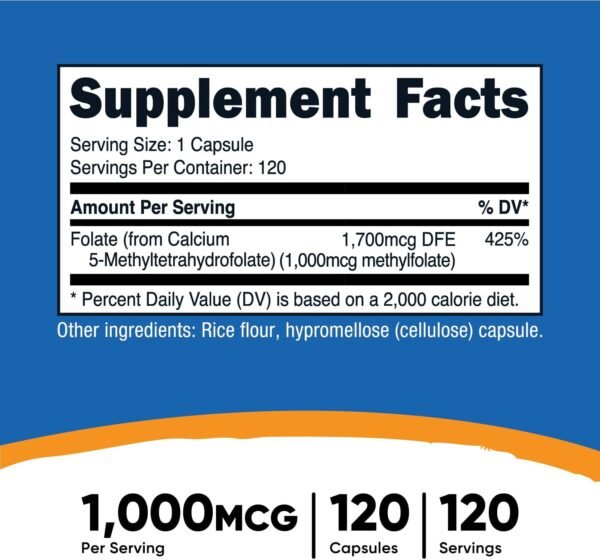 Nutricost Methylfolate 1000mcg, 120 Vegetarian Capsules - Gluten Free, Non-GMO