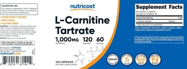 Nutricost L-Carnitine Tartrate 1000mg, 120 Capsules - 500mg Per Capsule (60 Servings)