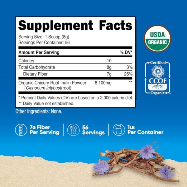 Nutricost Organic Inulin Powder 1LB (454 Grams) 7 Grams of Fiber Per Serving - from Chicory Root - Certified USDA Organic