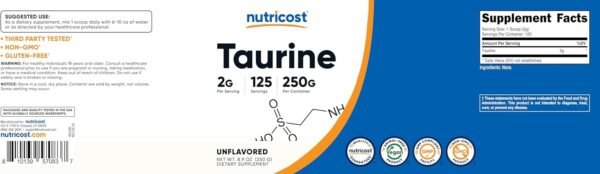 Nutricost Taurine Powder 250 Grams - 125 Servings, 2000mg Per Serving