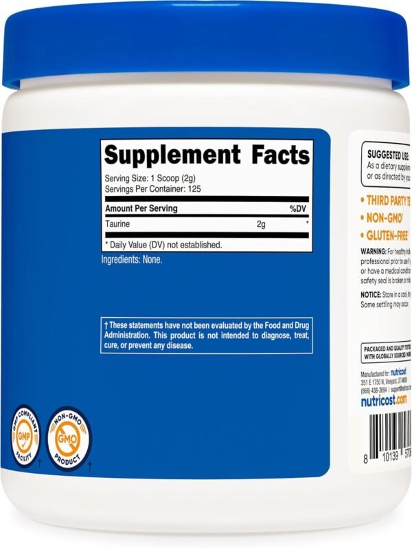 Nutricost Taurine Powder 250 Grams - 125 Servings, 2000mg Per Serving