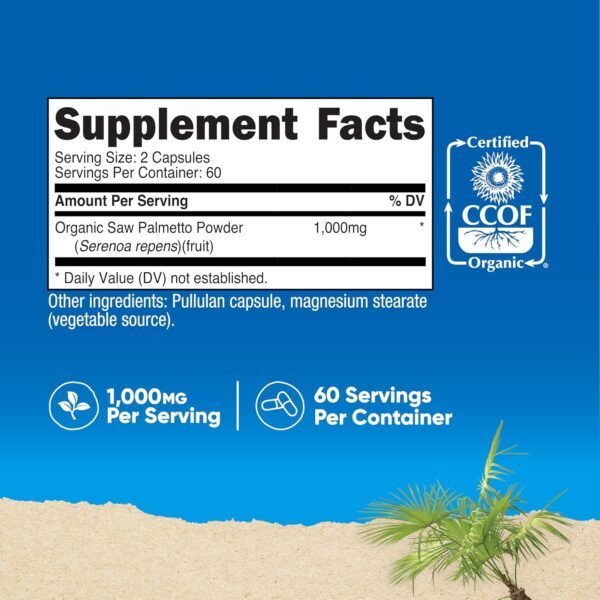 Nutricost Saw Palmetto 1000mg, 120 Capsules - CCOF Certified Made with Organic Saw Palmetto, Vegetarian Friendly, 60 Servings, 500mg Per Capsule, Gluten Free