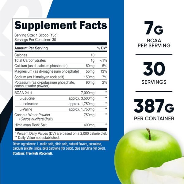Nutricost BCAA + Hydration Powder (Green Apple) 30 Servings - Branched Chain Amino Acids with Hydration Complex - Gluten-Free, Non-GMO