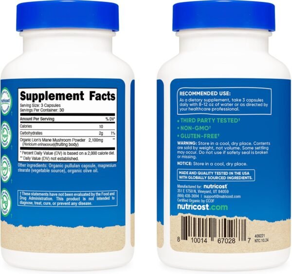 Nutricost Lion's Mane Mushroom Capsules 2100mg, 30 Servings - CCOF Certified Made with Organic, Vegetarian, Gluten Free, 700mg Per Capsule, 90 Capsules
