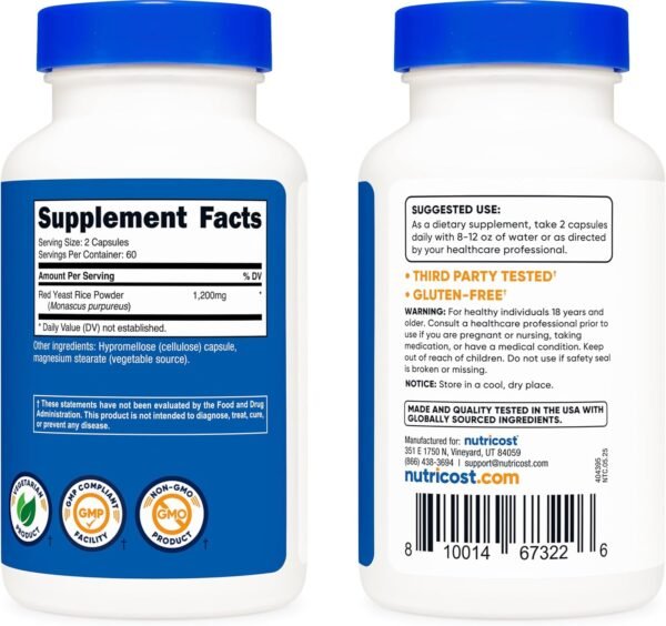 Nutricost Red Yeast Rice 1200mg, 120 Capsules - 60 Serv, Veggie Caps, Non-GMO, Gluten Free