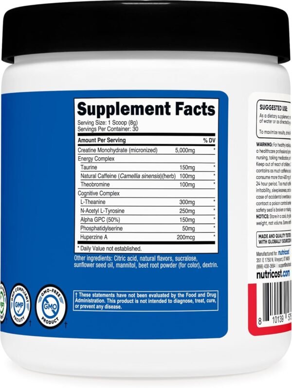 Nutricost Creatine + Energy 30 Servings (Fruit Punch Flavored) - 5,000mg Creatine Monohydrate + 350mg Energy Complex Per Serving
