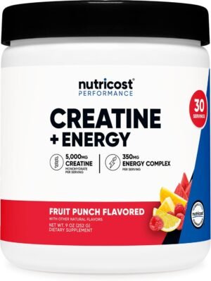Nutricost Creatine + Energy 30 Servings (Fruit Punch Flavored) - 5,000mg Creatine Monohydrate + 350mg Energy Complex Per Serving
