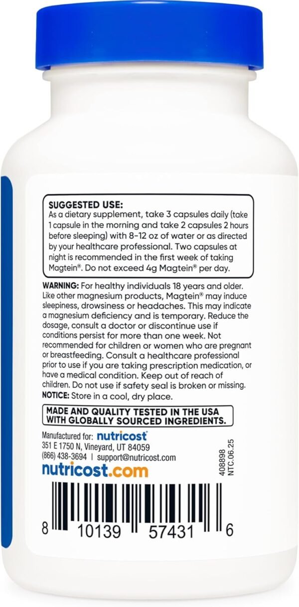 Nutricost Magtein Magnesium L-Threonate 2,000mg, 90 Capsules - Gluten Free, Vegetarian, 30 Servings