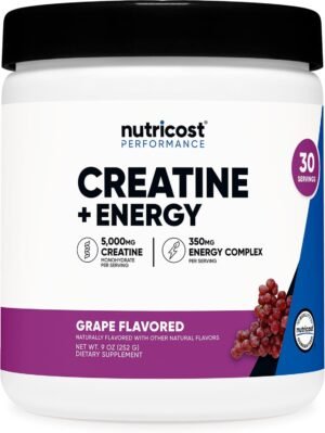 Nutricost Creatine + Energy 30 Servings (Grape Flavored) - 5,000mg Creatine Monohydrate + 350mg Energy Complex Per Serving