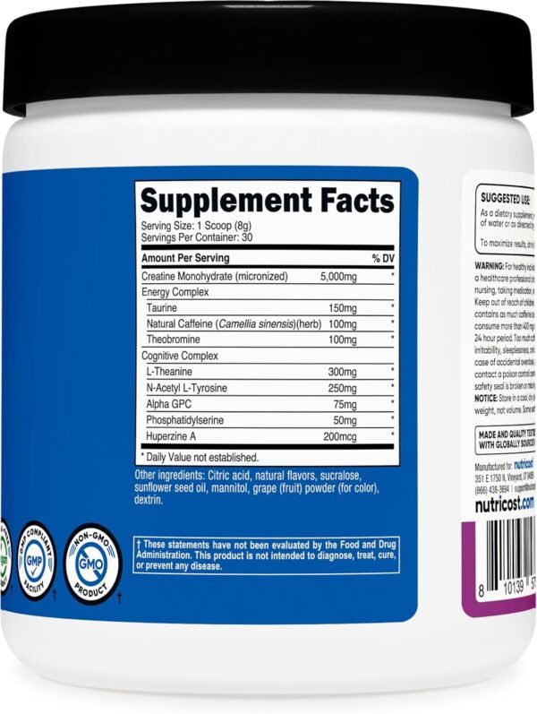 Nutricost Creatine + Energy 30 Servings (Grape Flavored) - 5,000mg Creatine Monohydrate + 350mg Energy Complex Per Serving
