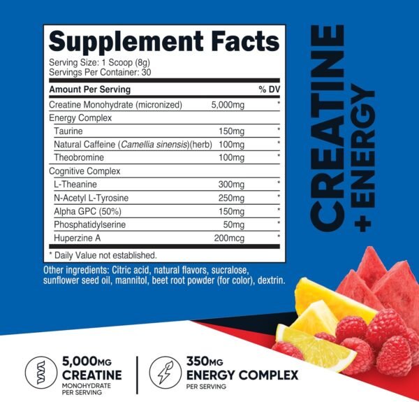 Nutricost Creatine + Energy 30 Servings (Fruit Punch Flavored) - 5,000mg Creatine Monohydrate + 350mg Energy Complex Per Serving