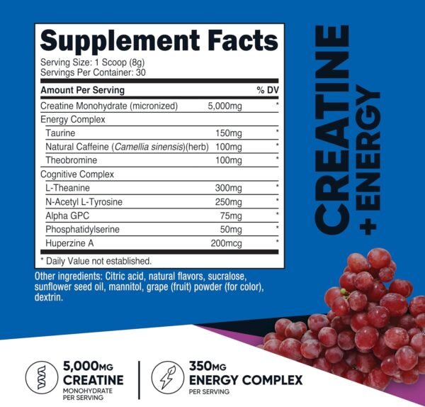 Nutricost Creatine + Energy 30 Servings (Grape Flavored) - 5,000mg Creatine Monohydrate + 350mg Energy Complex Per Serving